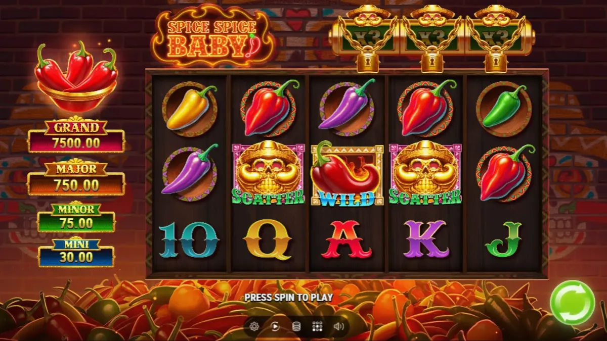 Tampilan visual slot Spice Spice Baby! dengan tema cabai Meksiko yang berapi-api.